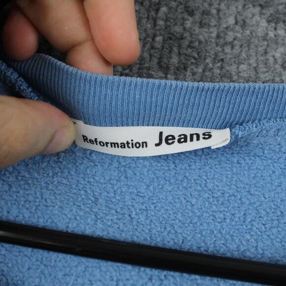 Reformation Sweatshirt Small Hunter Cropped Blue Fleece Crewneck Pullover Casual - Picture 9 of 15